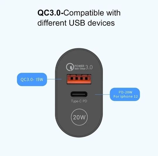 PD+QC3.0 Quick charger 20W Блок питания 2 порта USB-typoC и USB-A, 5V/2А (черный)