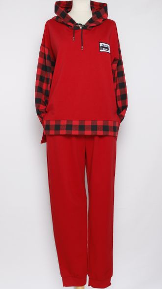 КОСТЮМ ХУДИ   И БРЮКИ  "КЛЕТКА" красный р.50-54
