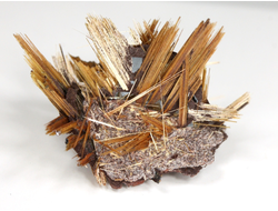 Редкость! Рутил свободного роста, сростки "звезды" золотистых игольчатых кристаллов на кристаллах гематита, Бразилия (24*15*15 мм, 2,45 г) №37910