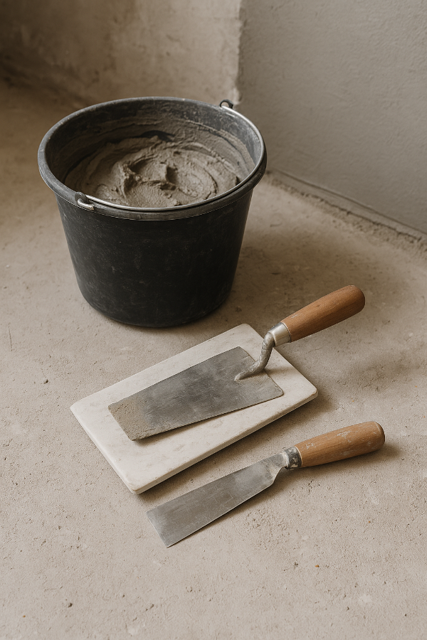 Инструменты и цементная штукатурка М150 в ведре для отделки стен