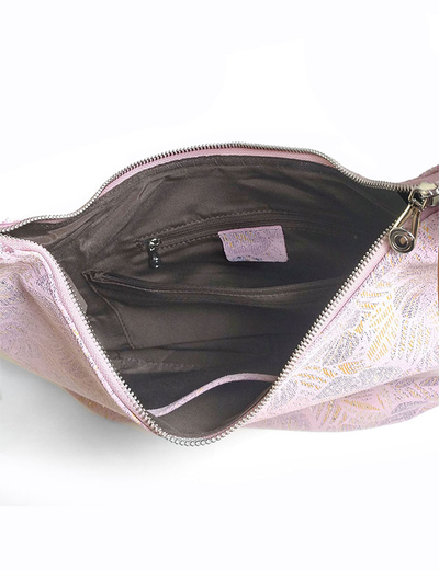 (АРТИКУЛ: 9883/1/5) СУМКА МЕШОК, БОЛЬШАЯ, НАТУРАЛЬНАЯ КОЖА С ЛАЗЕРНОЙ ОБРАБОТКОЙ, РОЗОВАЯ С СЕРЕБРИСТО-БЕЖЕВЫМ РИСУНКОМ, ЧЕРЕЗ ПЛЕЧО