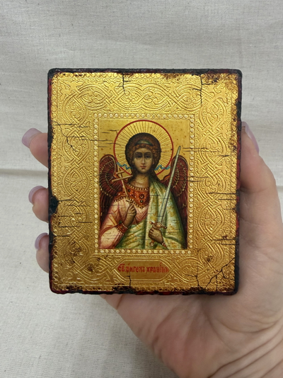 Ангел-Хранитель. Рукописная икона 9х10,5см, стилизованная "под старину"