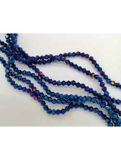 Бусины стеклянные граненые "Биконус", 3 мм, цвет синий с покрытием (611)