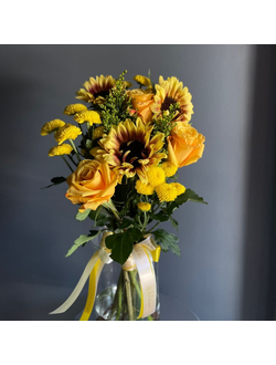 БУКЕТ ДЛЯ ДОМА С ПОДСОЛНУХАМИ, ЖЕЛТЫМИ РОЗАМИ И КУСТОВОЙ ХРИЗАНТЕМОЙ - 6