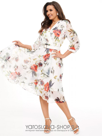 Летнее шифоновое платье с красными маками на белом