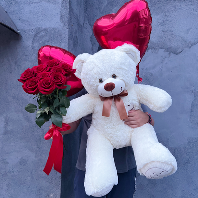 Подарочный набор №15 - Плюшевый мишка 120 см, Шары сердца 2, букет красных роз Эквадор