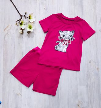 Арт. 2КУЛ/АПЛ/ТБ-CAT  Комплект футболка+шорты (кулир).Цвет: малиновый. Размер с 86-152