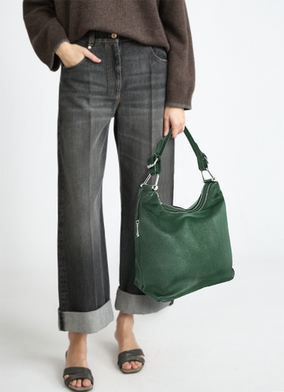 (АРТИКУЛ: 9812/1/82) СУМКА МЕШОК ЖЕНСКАЯ, СРЕДНЕГО РАЗМЕРА, НАТУРАЛЬНАЯ КОЖА, ТЕМНО-ЗЕЛЕНАЯ, ДВА ОТДЕЛЕНИЯ, РУЧКА И РЕМЕНЬ ЧЕРЕЗ ПЛЕЧО