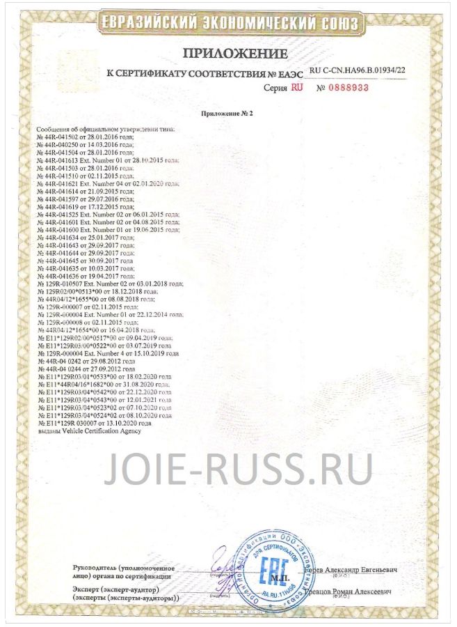 СЕРТИФИКАТЫ СООТВЕТСТВИЯ ПРОДУКЦИИ JOIE до 15.03.2023года