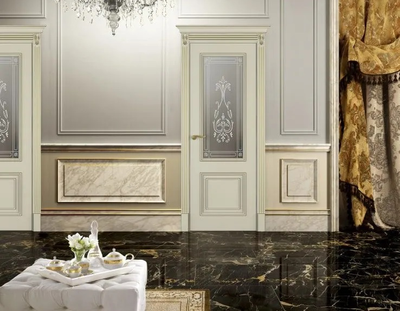 PORTE RICHI (Беларусь). ВЕРНИСАЖ, МОДЕЛЬ ЛШ40, ШПОН ЯСЕНЯ + ЭМАЛЬ БЕЛАЯ. ВИТРАЖ С ПЕСКОСТРУЙНЫМ РИСУНКОМ