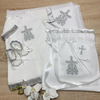 Теплая крестильная рубашка "Семейные ценности" серебро, на кнопочках сзади, можно вышить любое имя