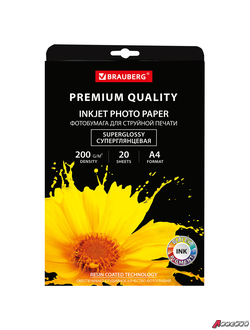 Фотобумага PREMIUM суперглянцевая, А4, 200 г/м2, односторонняя, 20 листов, BRAUBERG. 364003