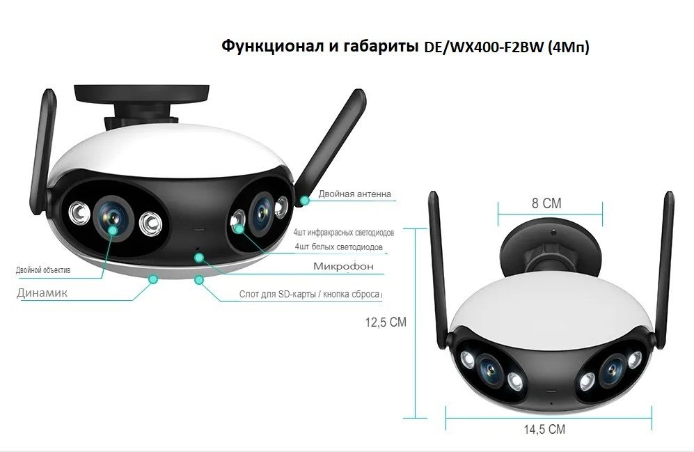 DE/WX400-F2BW (4Мп) Уличная WiFi/LAN видеокамера панорамная с 2 объективами 2Мп+2Мп (4 Мп) Ultra HD.