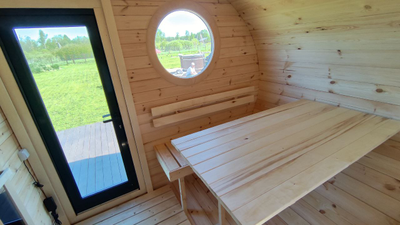 Баня "ОКО"  с большим, круглым, панорамным окном