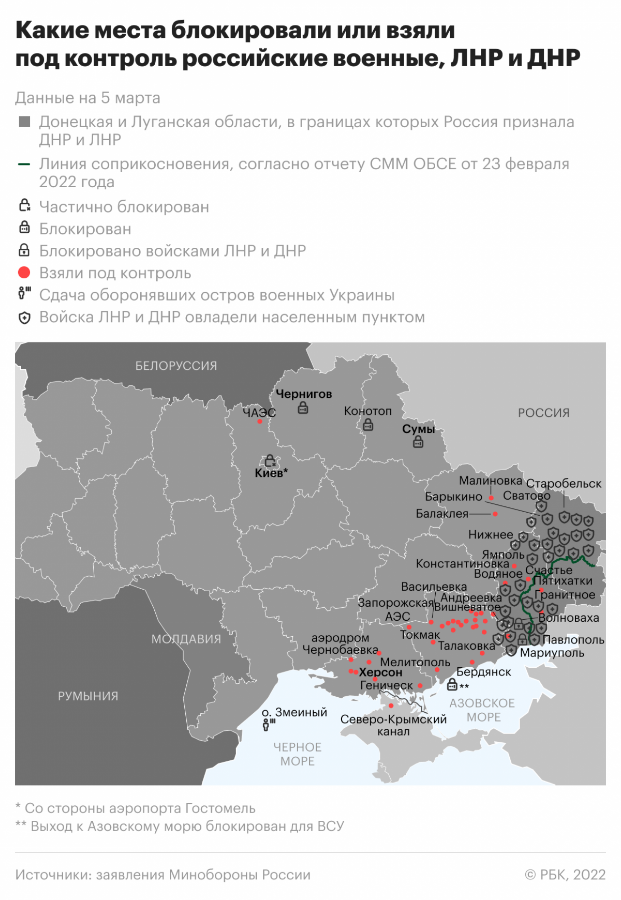 Специальная операция Вооружённых Сил России на Украине. 5 марта 2022 года. Источник: РБК и МО РФ