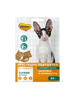 Лакомство Мнямс "Здоровье и активность" хрустящие подушечки для кошек с курицей и сыром 60 г