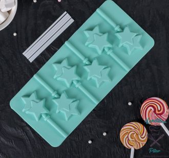 Форма для леденцов и мороженого «Звёзды», 6 ячеек, 9,5×24×1 см, палочки в комплекте, цвета МИКС