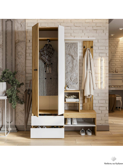 Абрау вешалка с зеркалом прихожая Дуб золотой/Белый