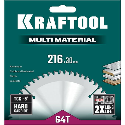 Пильный диск по алюминию KRAFTOOL Multi material 216x30 мм, 64Т (36953-216-30)