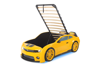 Кровать-машинка объемная (3d) EVO "Camaro" желтый (с подъемным механизмом и бельевыми ящиками)