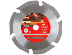 Диск пильный по дереву, посадочный диаметр 22,2 мм, 6 зубьев с карбидными вставками, 230 мм КУРС, 37628