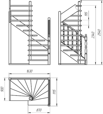 Деревянная межэтажная лестница ЛЕС-03 поворот 180°