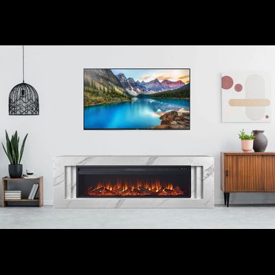 Линейный электрокамин Line WT-MR белый мрамор с очагом Vision 60 LOG LED