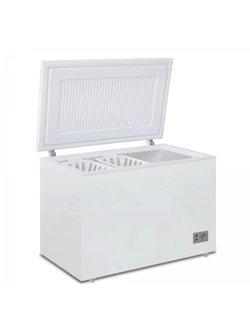 Морозильный ларь с глухой крышкой, на четырех колесиках, терморегулятор на лицевой панели.