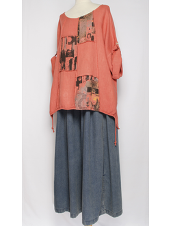 БЛУЗА ЛЁН КИМОНО "ГОРОД" коралл, фуксия до р.56
