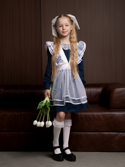 Платье синее с кружевным воротником