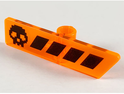 Minifigure, Utensil Gameplayer Label with Pixelated Black Skull and Broken Stripe / Health Bar Pattern, Trans-Neon Orange (65191pb02 / 6287611)