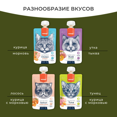 Wanpy Cat (Ванпи кэт) Лакомство для кошек Мясной мусс из тунца и курицы с морковью, 90 г