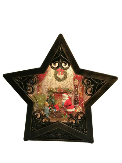Новогодний музыкальный  светильник "ЗВЕЗДА" c LED подсветкой и поддувкой снега, 26,5*25*7 см, ТИП: Дед Мороз дарит подарок/Снеговики