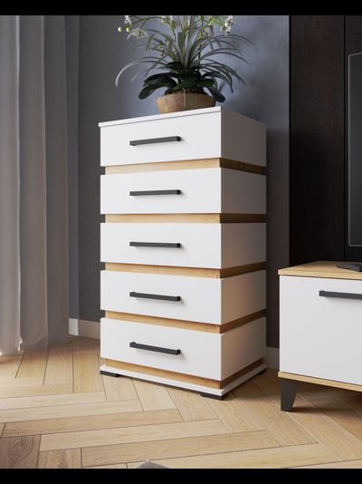 Комод КМ-1 Белый с тиснением «Древесные поры», (вставка ЛДСП Дуб Крафт Золотой)