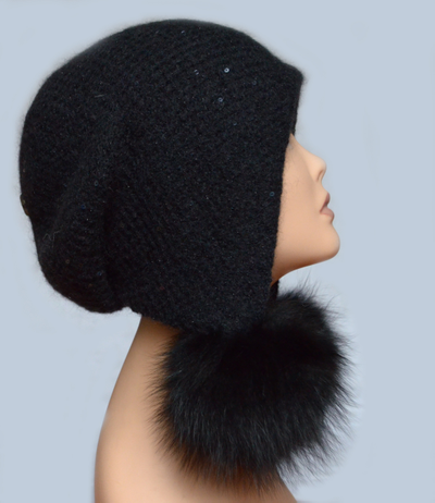 Итальянская вязаная шапка с помпонами черная Визио 6463 фото