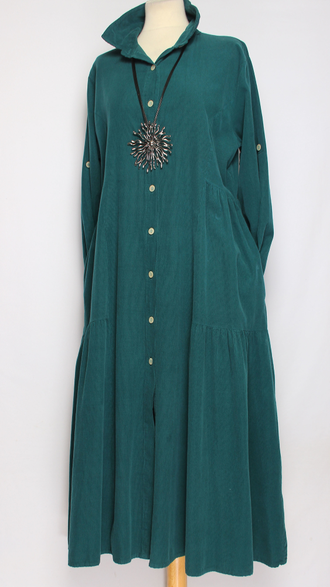 Платье-рубашка Бохо "Вельвет карманы ярусы" изумруд, бирюза до р.52