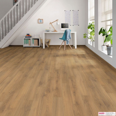 Декор ламината Haro Tritty 100 Loft 4V Дуб Эмилия Медовый 538720 в интерьере комнаты