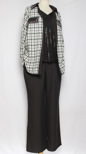 КОСТЮМ БРЮЧНЫЙ "Твид бусины" бирюзовая клетка р.50