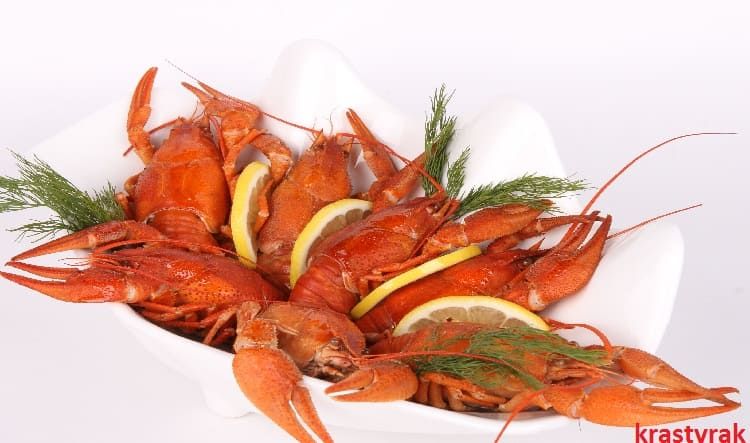 Вареные раки в белой салатнице