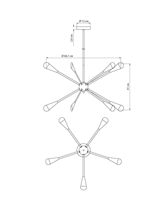 Люстра из 10 черных направляющих для лампочек, расходящихся от круглой сферы.