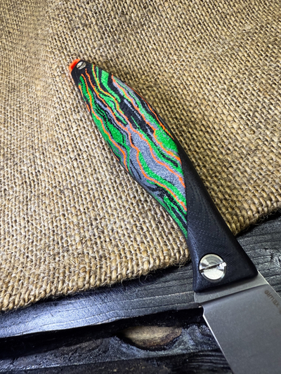 Фрикционный складной нож Канадец Большой сталь ELMAX, рукоять G10/микарта зеленые полосы