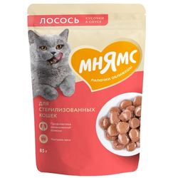 Мнямс влажный корм (пауч) для стерилизованных кошек, кусочки в соусе с лососем 85 г