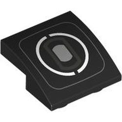 Slope, Curved 2 x 2 x 2/3 Inverted with Thin Dark Bluish Gray Rounded Square, White Split Circle, and Silver Headlight Pattern, Black (32803pb012 6530696)