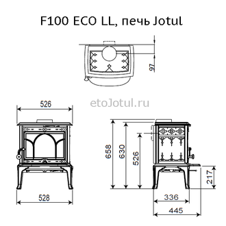 Схема печи Jotul F100 ECO LL SE BP, высота, ширина, глубина