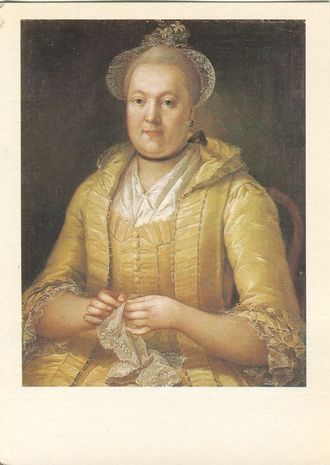 Русский портрет.  Неизвестный художник. Портрет дамы с вышиванием. 1760-е гг.