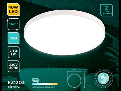 Ambrella светильник светодиодный декоративный влагозащитный 40W(3038lm) 5000K 4K круг 450x60 бел IP54 ORBITAL FZ1203 WH