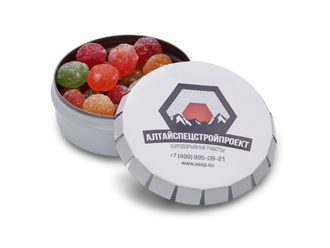 Click-Clack (Клик-клак), металлическая рекламная баночка с конфетками, круглая