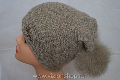 Вязаная шапка с двумя помпонами Vizio Италия 5395 CP 66 бежевая