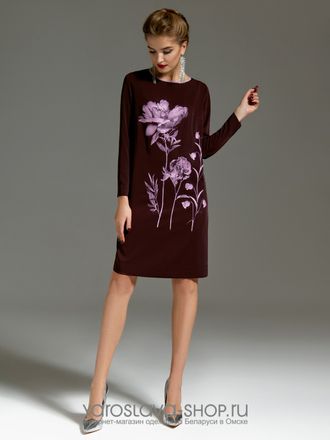 Модель: 7365. Бордовое платье с печатью "цветы".