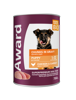 AWARD (Эворд) влажный корм (консерва) для щенков, кусочки Курица, Морковь 750 г